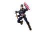 Superhelden-Actionfigur mit Schild und Hammer in dynamischer Pose.