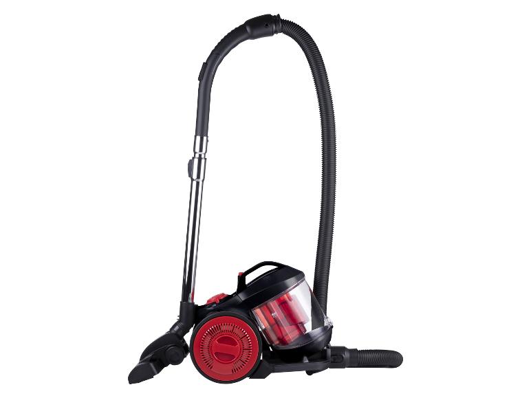 Rot-schwarzer Staubsauger mit Metallgriff und flexiblem Schlauch