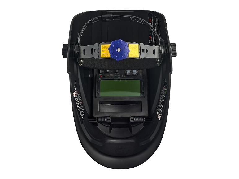 Schwarzer Schweißhelm mit verstellbarer Kopfhalterung und Automatikschweißfilter, von innen gesehen.