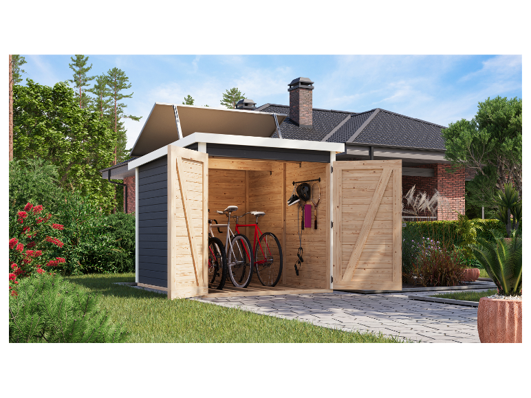 Gartenhaus mit Fahrrädern und Sportausrüstung.