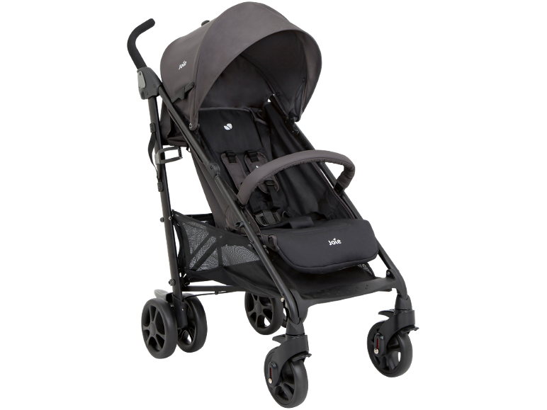Grauer Joie Kinderwagen mit Verdeck und Einkaufskorb.