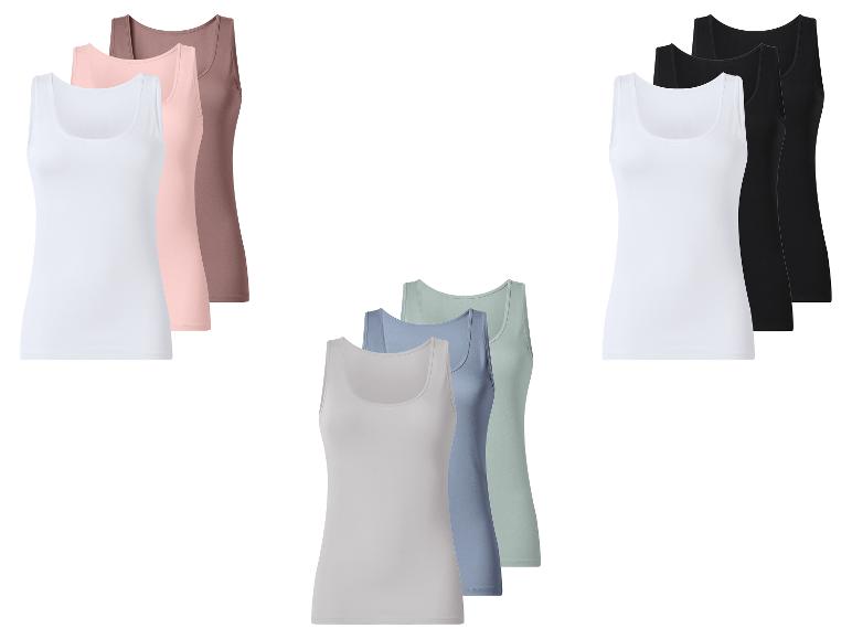 Drei Sets Damen-Tanktops in verschiedenen Farben: Weiß, Rosa, Braun, Schwarz, Grau, Blau und Grün.