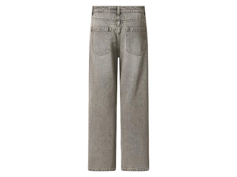 Graue Wide-Leg Jeans mit hoher Taille, Gesäßtaschen und leichter Waschung.