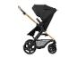Schwarzer Kinderwagen mit goldenem Gestell und braunem Griff