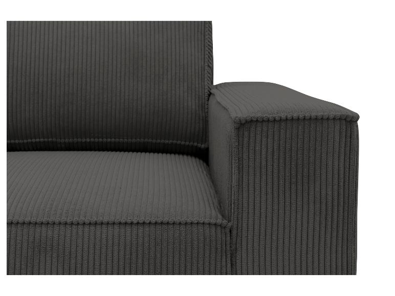 Detail eines dunkelgrauen Cordsofas mit Armlehne und Rückenlehne.