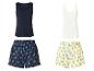 Pyjama-Sets: blaue und weiße Tanktops mit gemusterten Shorts.