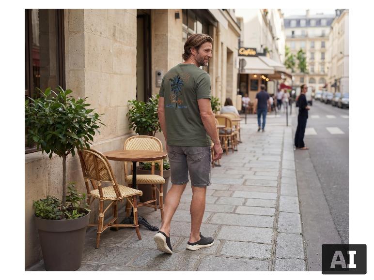 Mann in ESMARA MEN Sweatdenim-Shorts und T-Shirt geht auf einer Stadtstraße. [KI-generiertes Bild]