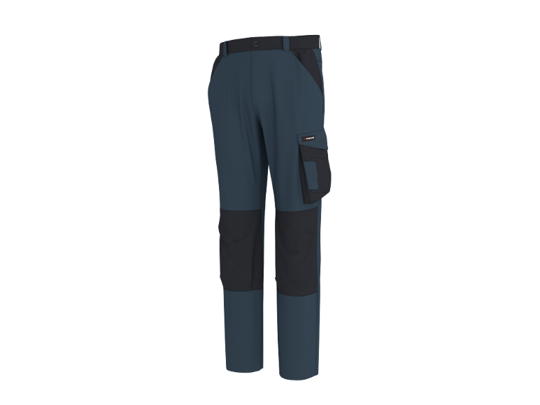 Herren-Arbeitshose in Blau und Schwarz mit Taschen.