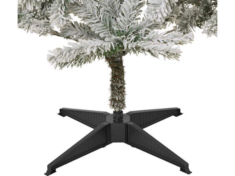 Beflockter künstlicher Weihnachtsbaum mit schwarzem Kunststoffständer.
