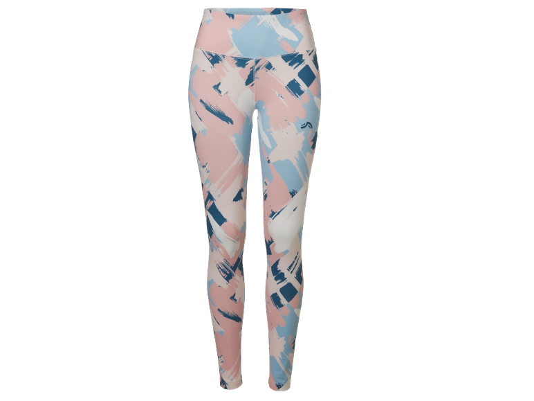Trainingsleggings mit abstraktem Pinselstrichmuster in Rosa, Blau und Weiß.
