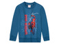 Blauer Kinderpullover mit Spiderman-Motiv.