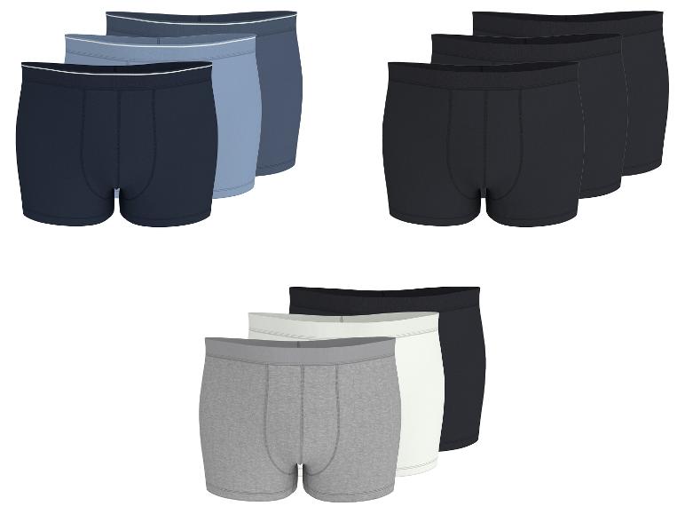 Herren-Boxershorts, 3er-Pack: blau, schwarz und grau.