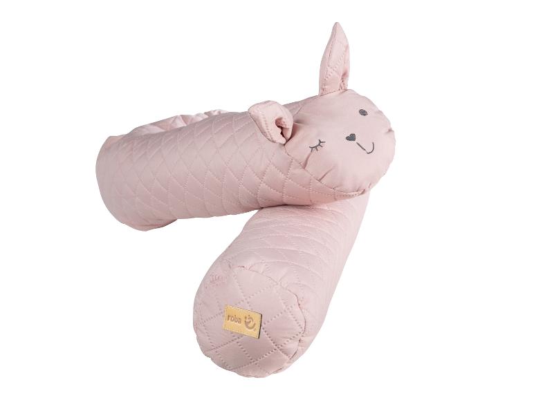 Rosa Hasen-Stillkissen mit gesteppter Textur und Roba-Logo.