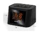 Schwarzes Digitalradio mit Wecker und orangefarbenem Display, das 15:18 und 'DAB POP MUSIC' anzeigt, mit Maßen.