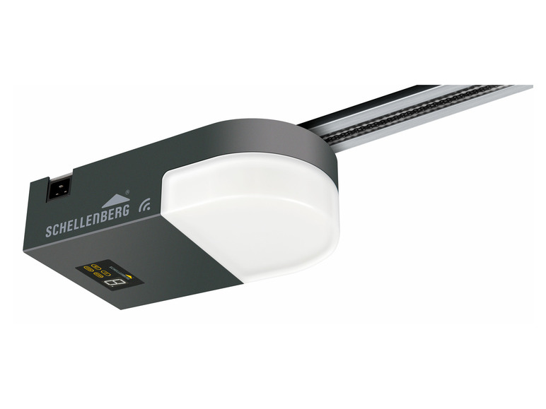 Schellenberg Garagentorantrieb mit Schiene und Fernbedienung.