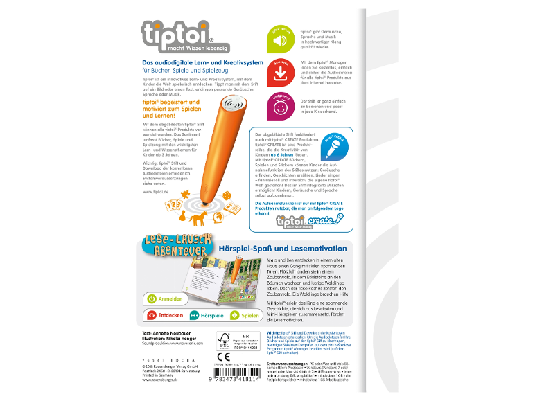 Rückseite der Verpackung des Ravensburger tiptoi® Lese-Lausch-Abenteuers mit Produktinfos.