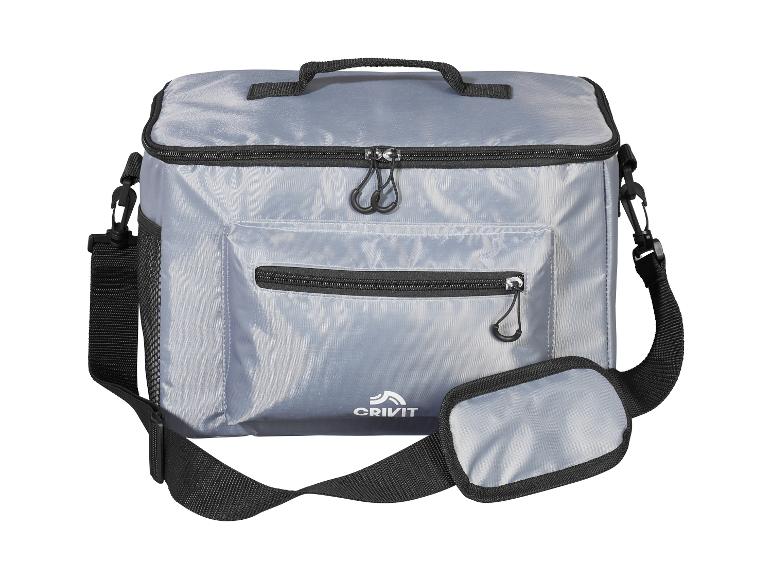 Graue Crivit Kühltasche mit Schultergurt.