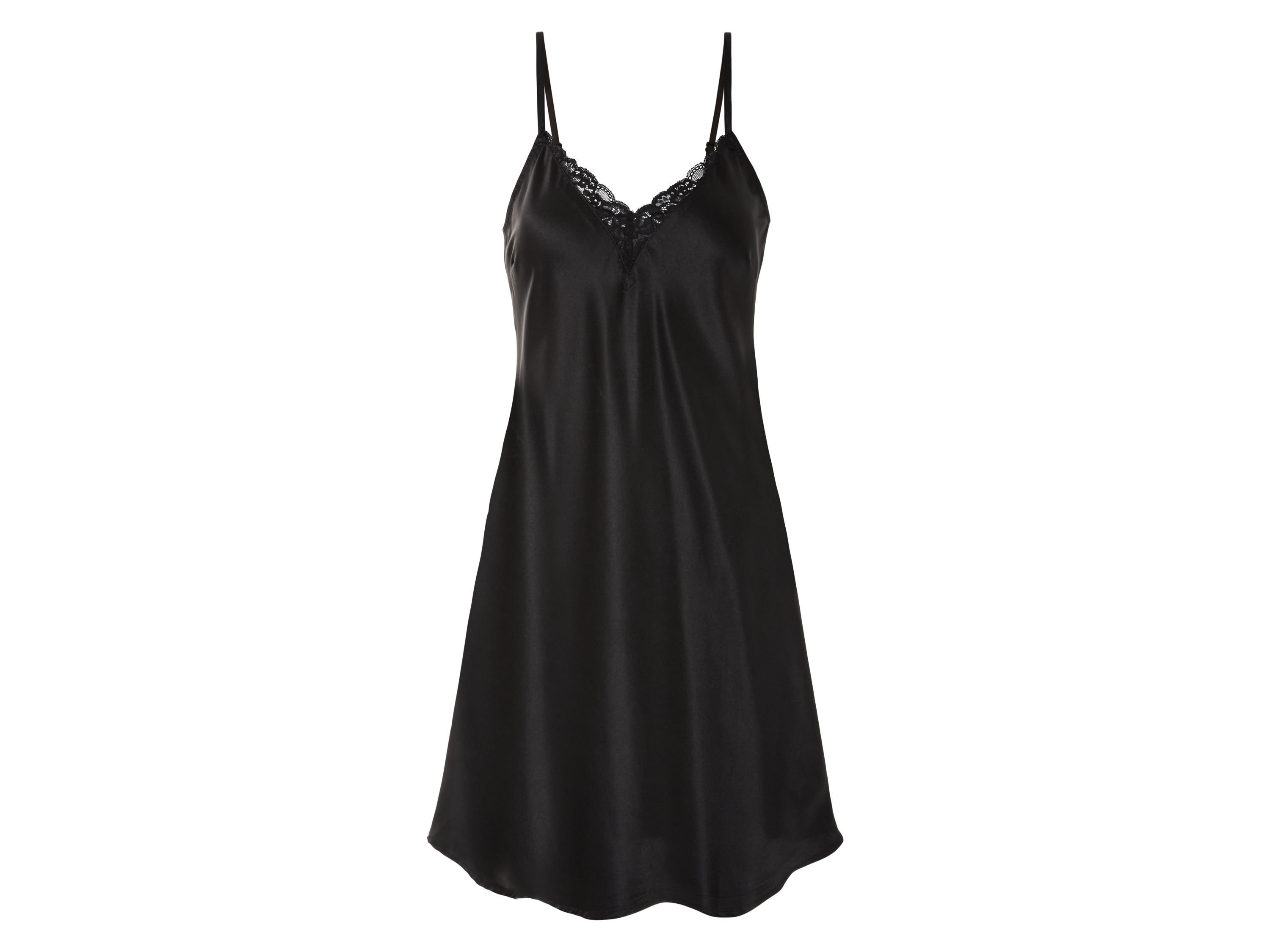 esmara® Damen Nachthemd Satin (Schwarz, 40)““ | schwarz Muster: – Detail: mit eleganter, weicher Spitze am Ausschnitt, aus weich fließender Satin-Qualität Ausschnitt: V-ausschnitt Kragenform: – Ärmellänge: ärmellos Material: Obermaterial: Polyester recycelt Spitze: Polyamid, 10 % Elasthan Pflegehinweis: waschen bei max. 30 °C Pflegeleicht nicht bleichen nicht im Wäschetrockner trocknen bügeln bis 110 °C Stufe 1. Kein Bügeln mit Dampf nicht trockenreinigen Größe: 34 – 46 Meine Lidl-Größe – so einfach gehts Deine Größe findest du in der Lidl-Größentabelle . Oeko-Tex® Standard 100 Geprüft auf Schadstoffe Zertifizierungsnummer: 2024Ok2008 Aitex Standard 100 by Oeko-Tex® ist die weltweit bekannteste, unabhängige Zertifizierung schadstoffgeprüfter Textil- und Lederprodukte aller Art – vom Garn und den Stoffen bis hin zum gebrauchsfertigen Artikel. Das Label bestätigt