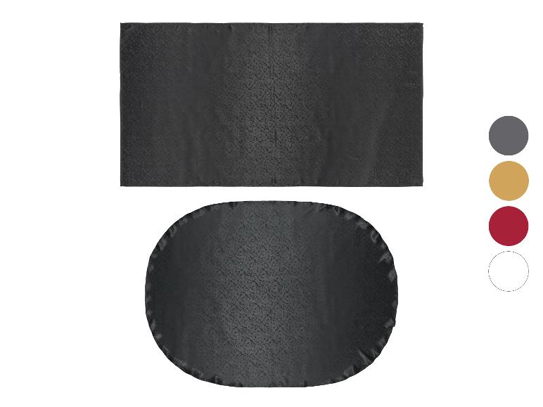 Zwei dunkelgraue gemusterte Tischläufer, einer rechteckig und einer oval, mit Farbmustern.