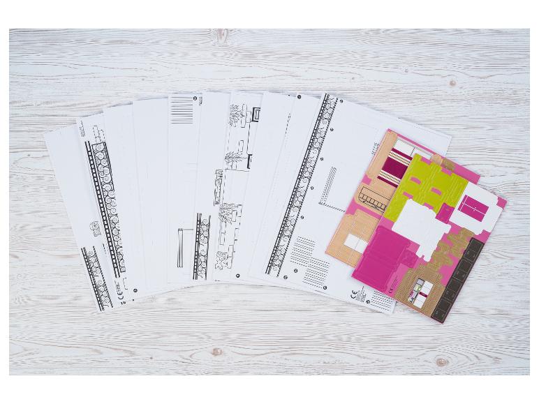Bastelset aus Papier mit bedruckten Blättern zum Bau eines Miniaturhauses oder -zimmers.