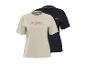 Zwei Kurzarm-T-Shirts, eines beige mit Bergmotiv und eines schlicht schwarz.