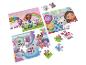Drei Puzzles mit einem Mädchen und Katzenfiguren, teilweise zusammengebaut, teilweise zerlegt.