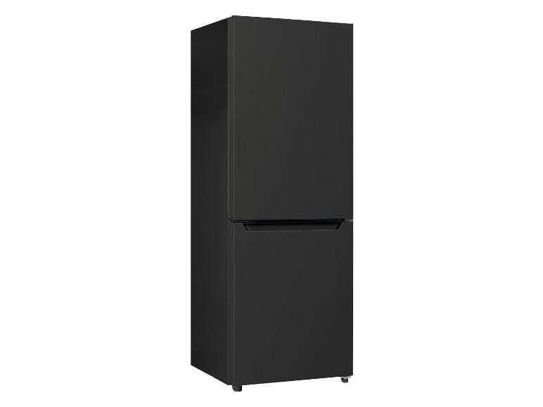Schwarzer Kühl-Gefrierschrank mit zwei Türen, freistehend.