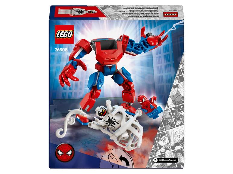 Spielzeugset mit rotem und blauem Roboter, Spider-Man Minifigur und weißer Venom Figur.
