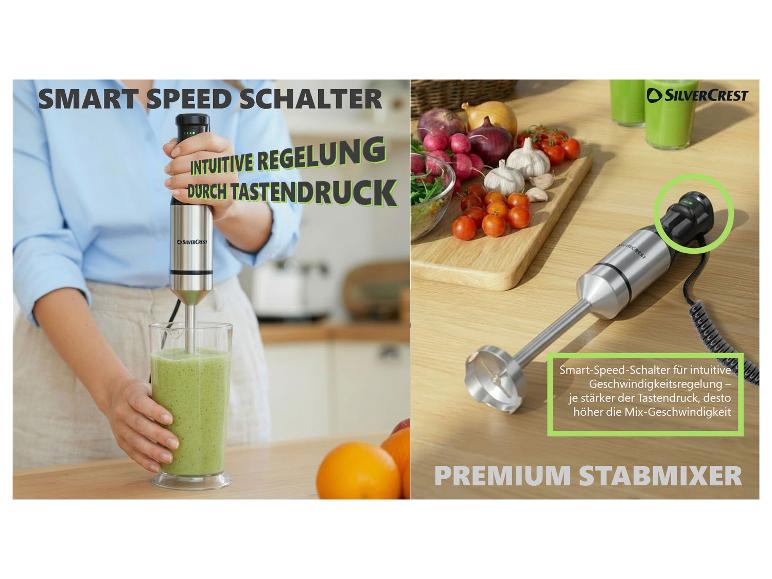 Stabmixer mit Smart-Speed-Schalter, intuitive Geschwindigkeitsregelung durch Tastendruck.