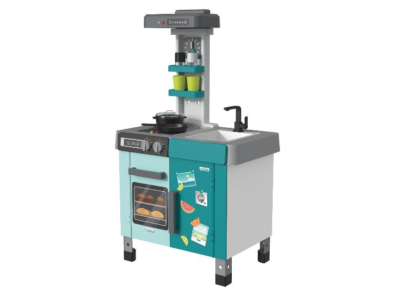 Eine Kinder-Spielküche mit Backofen, Spüle und Kühlschrank, in Blau und Grau.