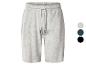 Grau melierte Sweatshorts mit Kordelzug und Farbmustern in Grau, Dunkelblau und Schwarz.