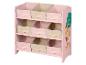 Rosa Kinderregal mit Stoffboxen und Tiermotiven.
