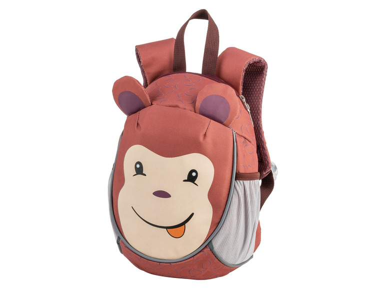 Ein brauner Rucksack mit Affenmotiv.