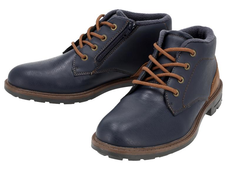 Dunkelblaue Herren-Schnürstiefeletten mit Reißverschluss und braunen Details.