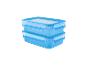 Zwei gestapelte blaue Plastikbehälter mit transparenten Deckeln und Clips.
