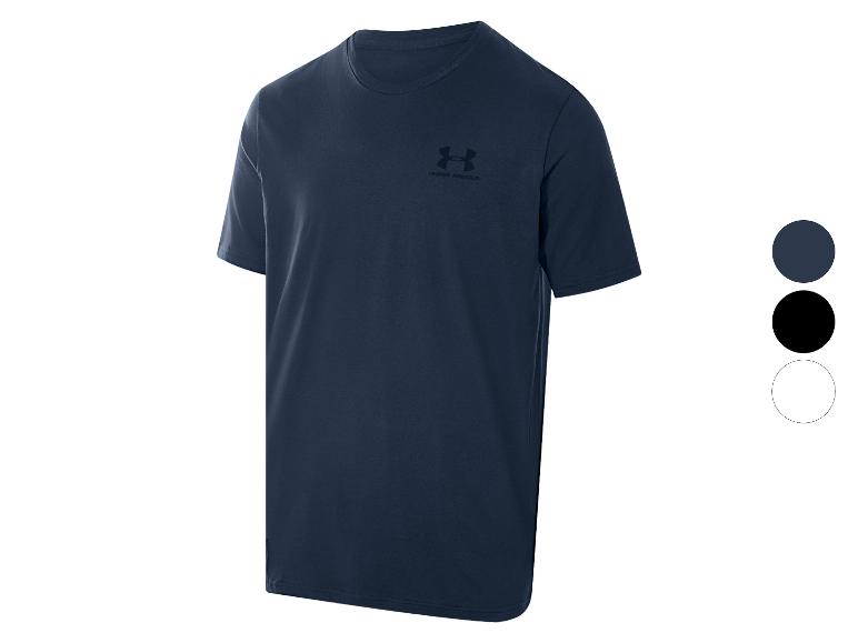 Dunkelblaues T-Shirt mit kleinem Logo auf der Brust und drei Farboptionen rechts.