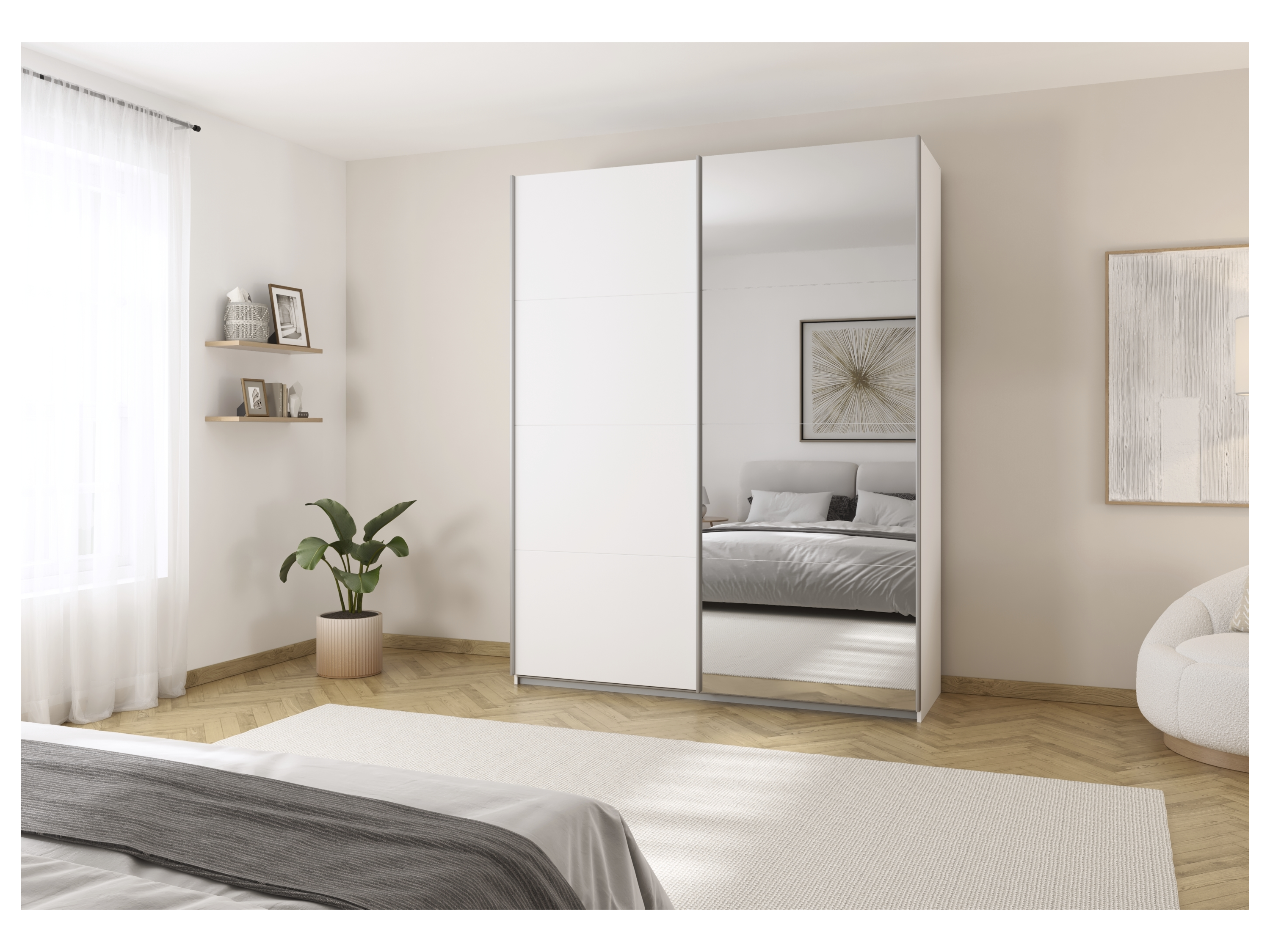 RAUCH ORANGE Quadra Schwebetürenschrank mit Spiegelelementen (Premium-Zubehör, Korpus Weiß, 181 x 230 cm) – Bild 2 von 4
