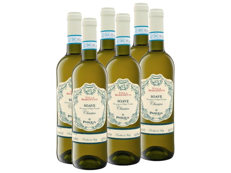 Sechserpack Soave Classico Weißwein mit Etiketten von Trauben und einer Villa.
