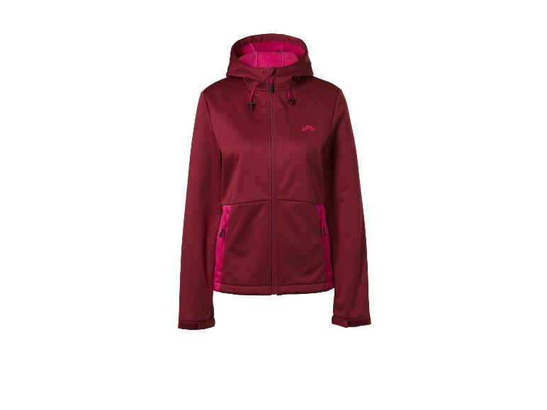 Damen-Softshelljacke in Bordeaux mit Kapuze und pinken Details.