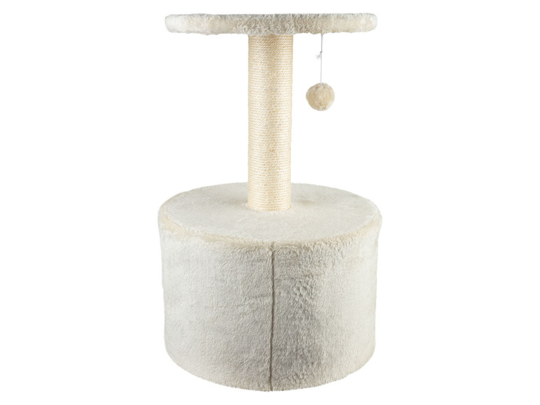 Ein Kratzbaum für Katzen mit einer Plattform und einem hängenden Spielzeug.