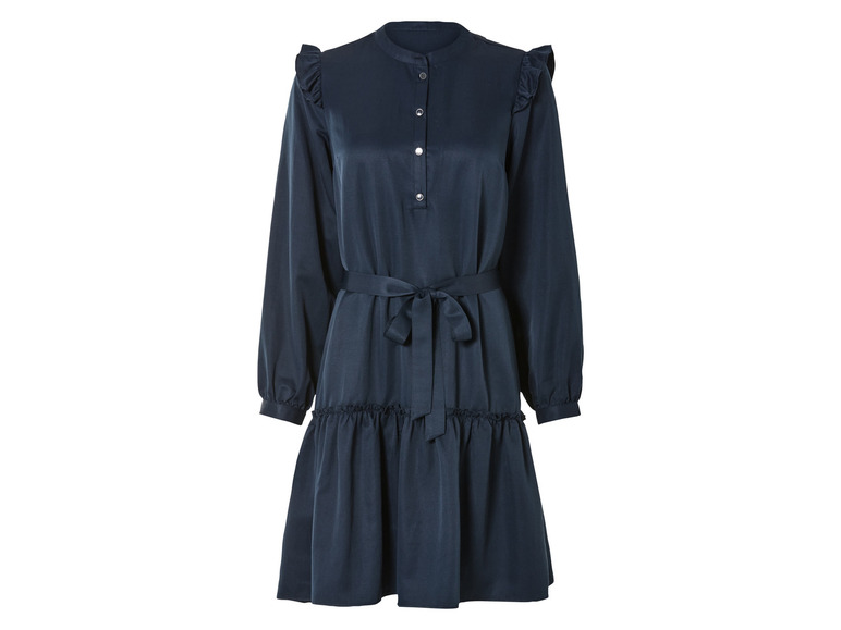 Ein dunkelblaues Kleid mit langen Ärmeln, einem Gürtel und Rüschen.