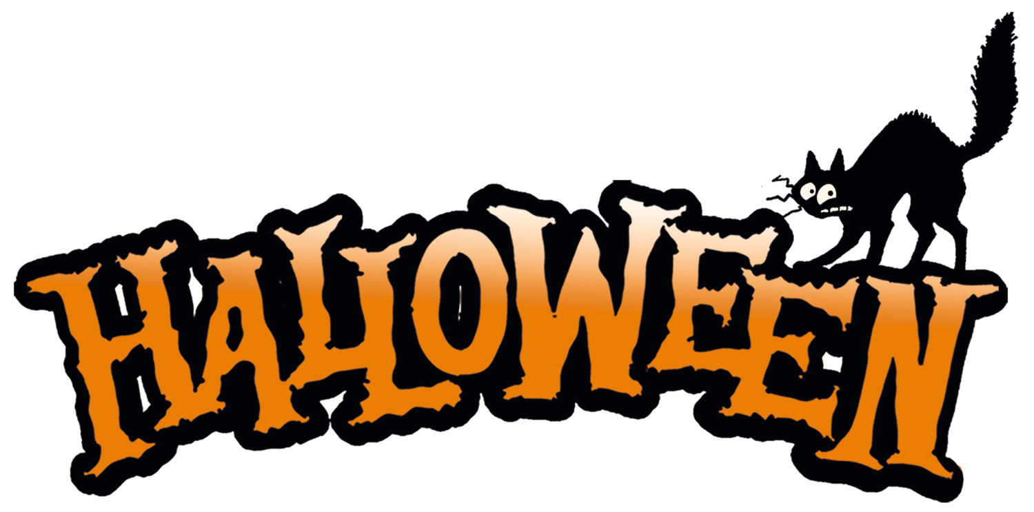 HALLOWEEN-Schriftzug in Orange mit einer schwarzen Katze.