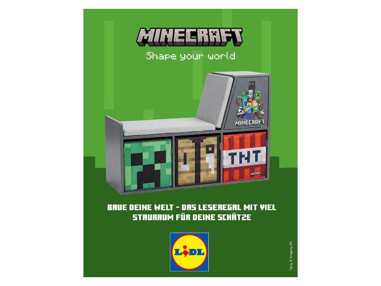 Grüner Hintergrund mit einem Minecraft-Bücherregal, Sitzgelegenheit und Aufbewahrungsboxen.