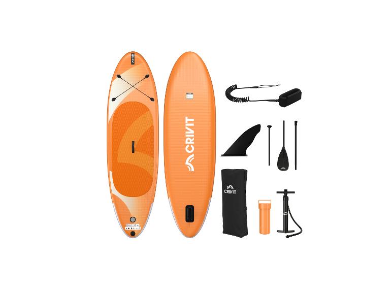 Orangefarbenes aufblasbares Stand-Up-Paddleboard-Set mit Pumpe, Paddel, Finne und Zubehör.