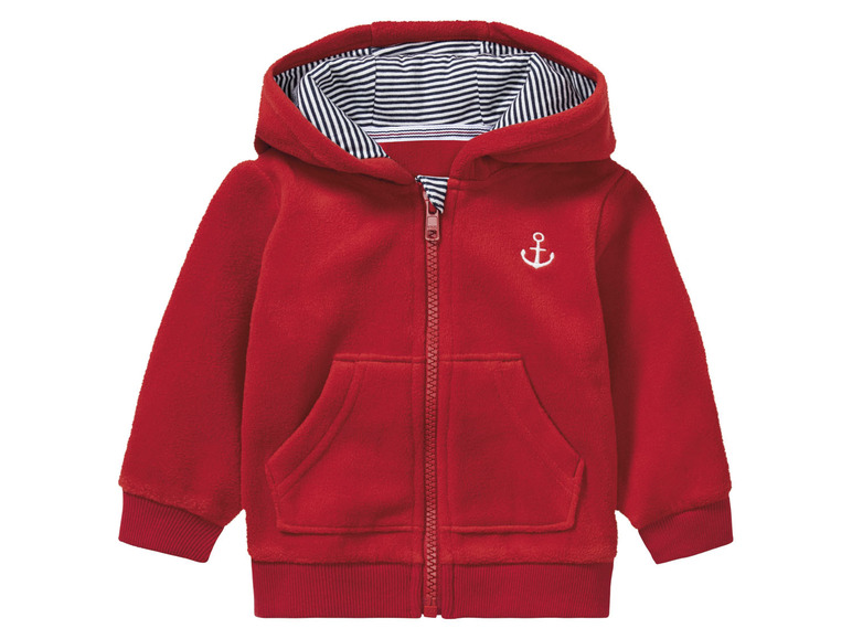 Rote Fleecejacke mit Kapuze und Anker-Detail.