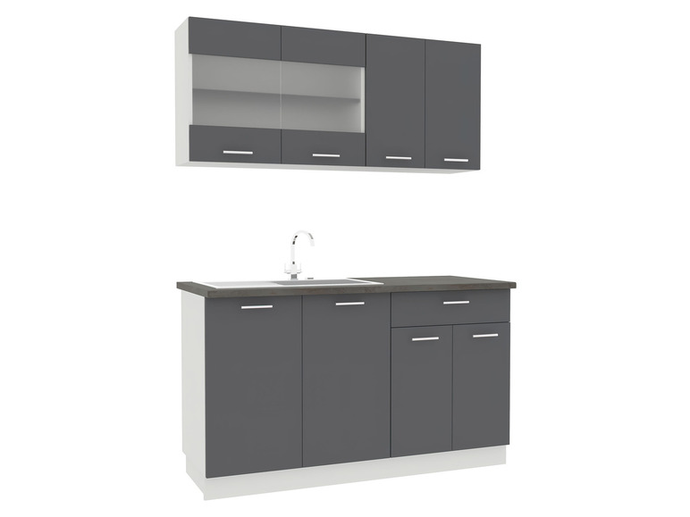 Ein Küchenblock mit grauen Türen und einem Waschbecken.