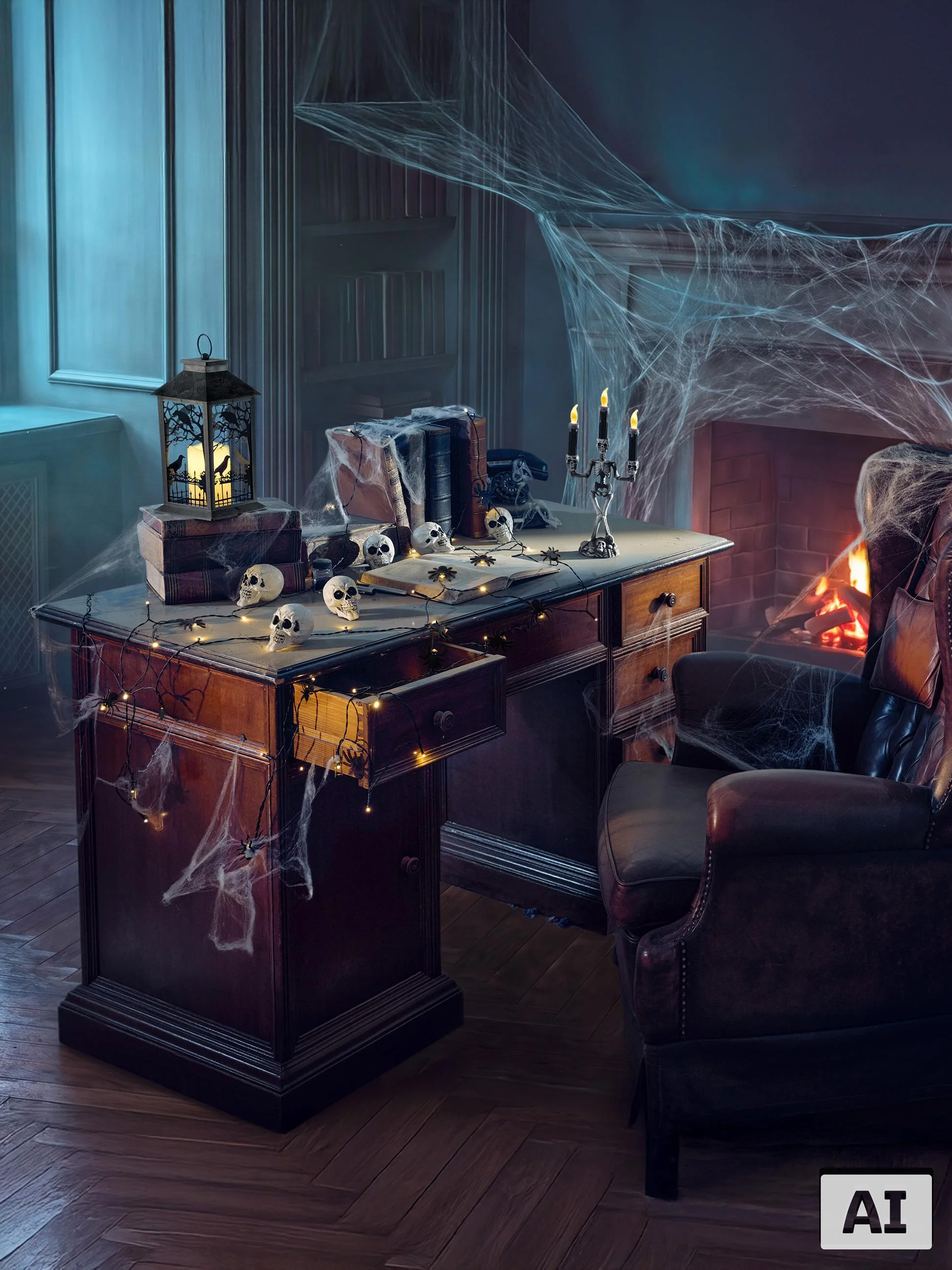 Halloween-Dekoration mit Totenköpfen, Spinnweben und Kerzen auf einem Schreibtisch am Kamin.