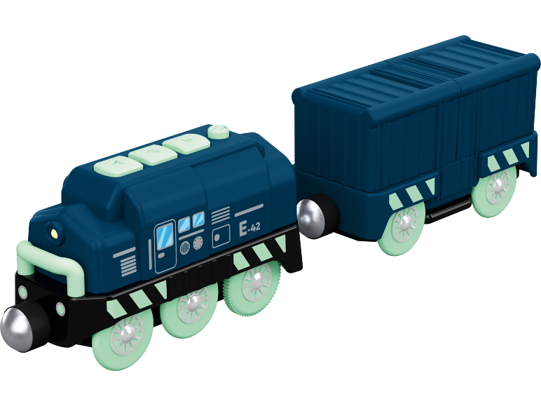 Blauer Spielzeugzug mit Lokomotive und Güterwagen, mit hellgrünen Rädern und Akzenten.
