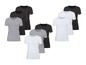 Sechs Basic-T-Shirts in Weiß, Schwarz und Grau.