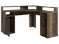 Ein Holz-Eckschreibtisch mit Stauraum und einer grauen Tür.